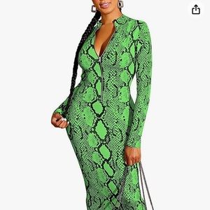 Women dress Fall Long Sleeve Snake Print Zipper Neck Knit Bodycon